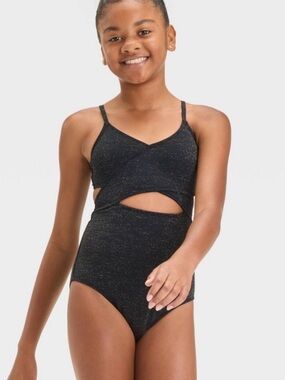 Girls' Solid One Piece Swimsuit - Art Class™ Black S: Adjustable Strap, UPF 50+